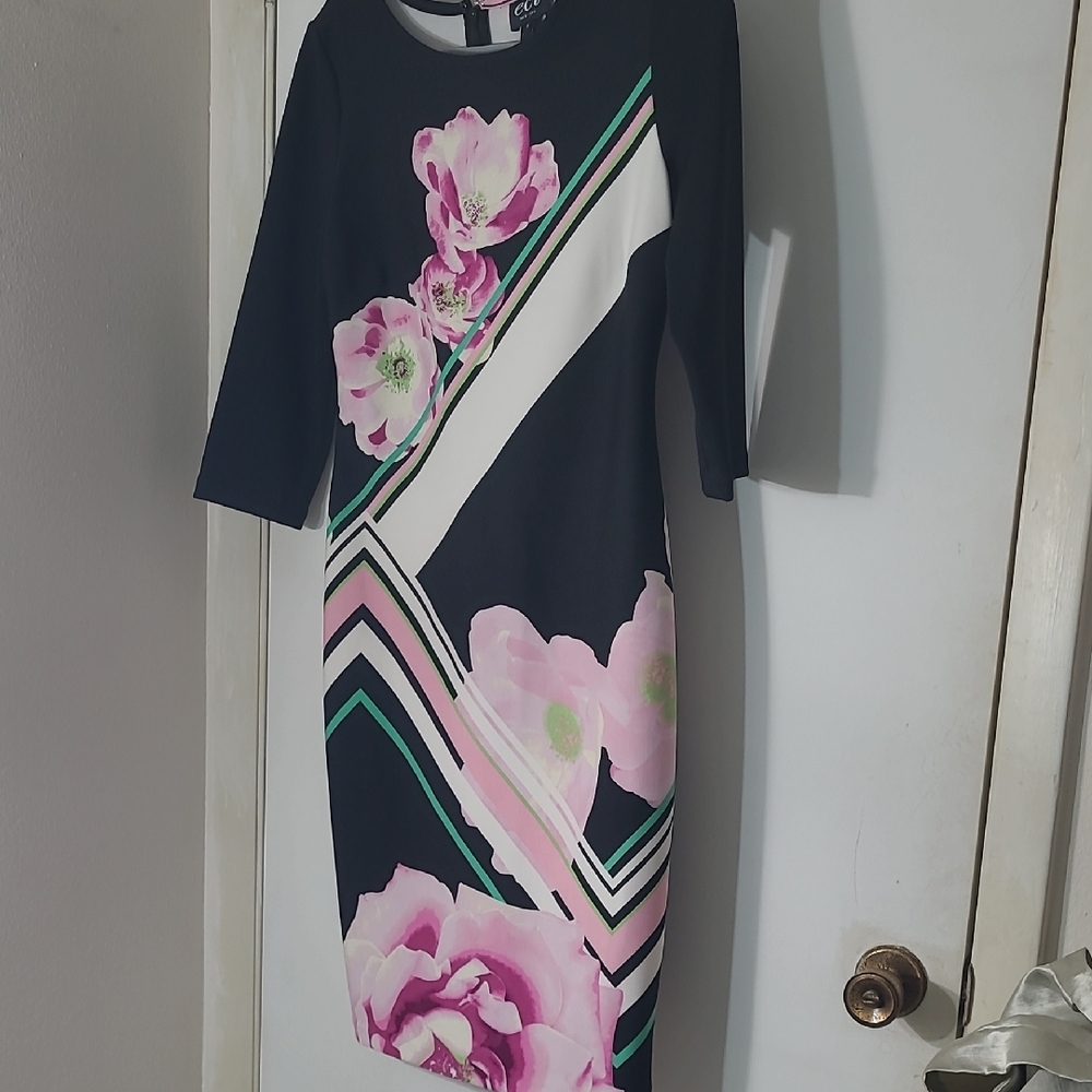 ECI Black Dress with Pink Floral Design
